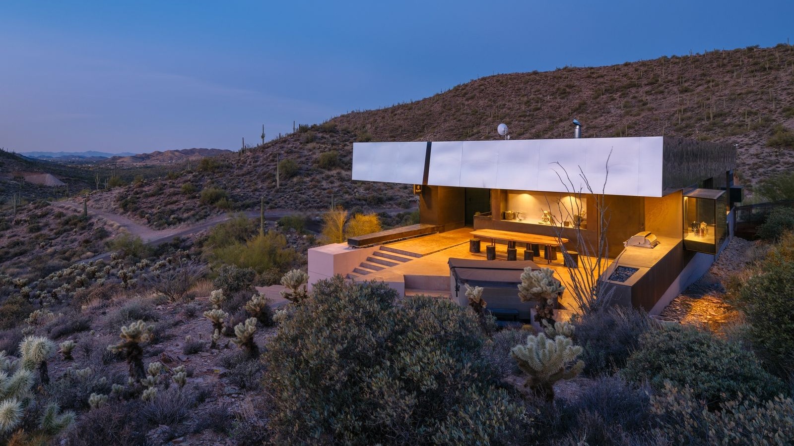 Modern architectural exterior with standing seam metal roof